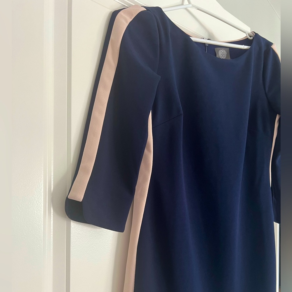 Vince Camuto, navy dress with light, pink stripe, excellent used condition